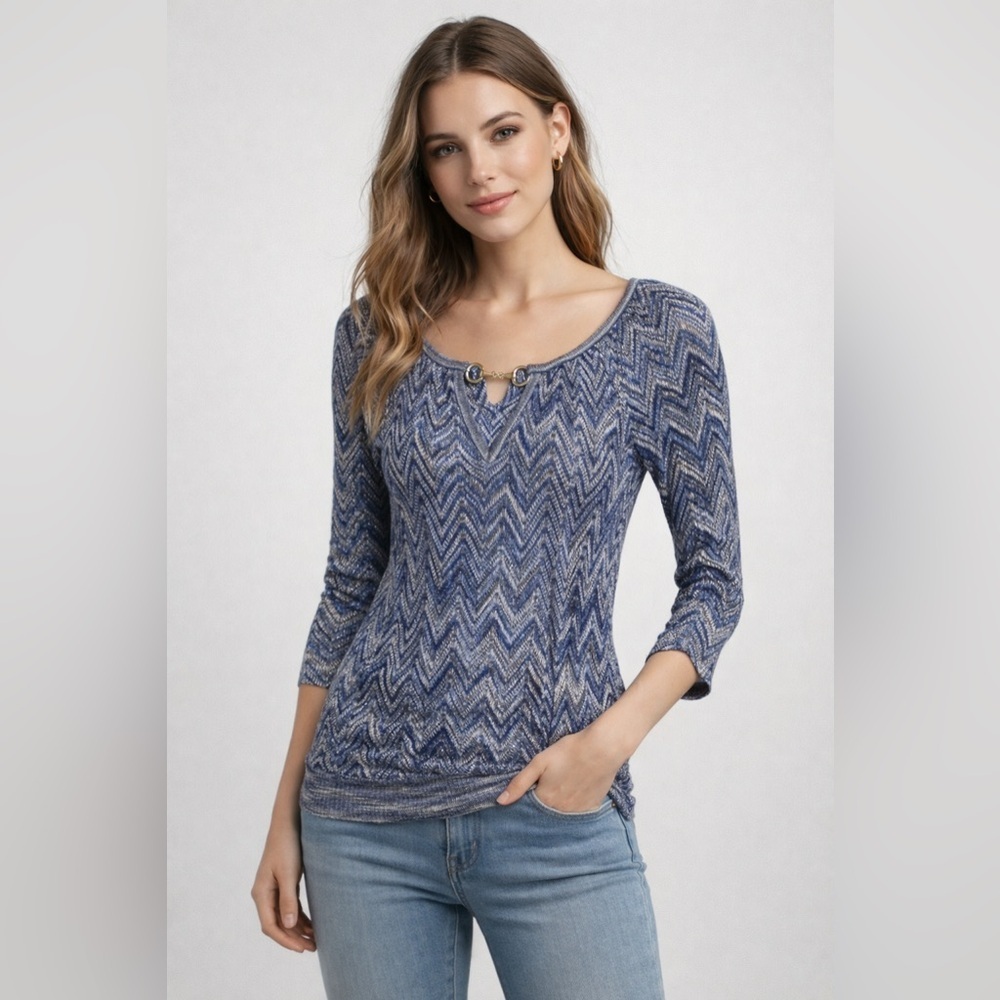 INC International Concepts Blue Chevron Metallic Knit Top Size Small